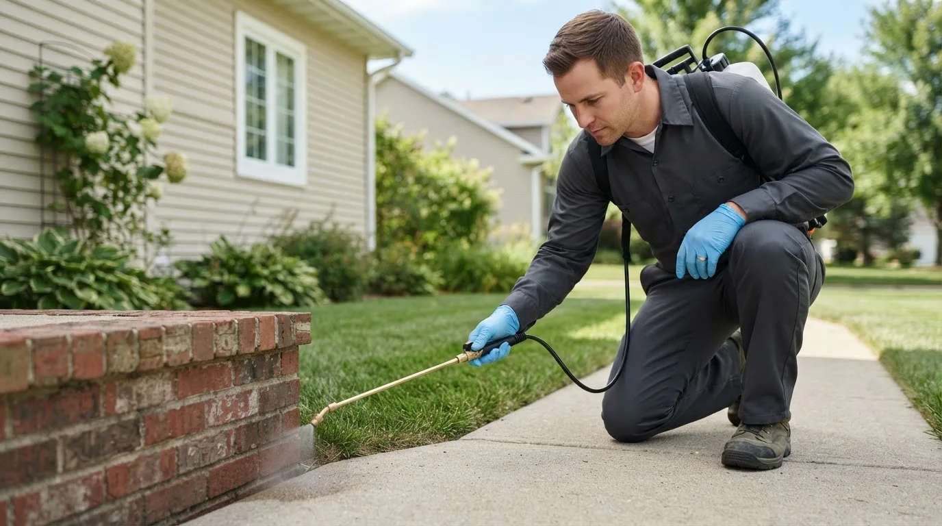 Pest control technician treating a home near Eliot, ME